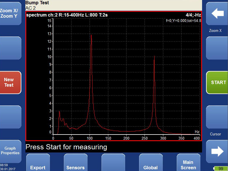 Vibration analyzer - bump test mode screen