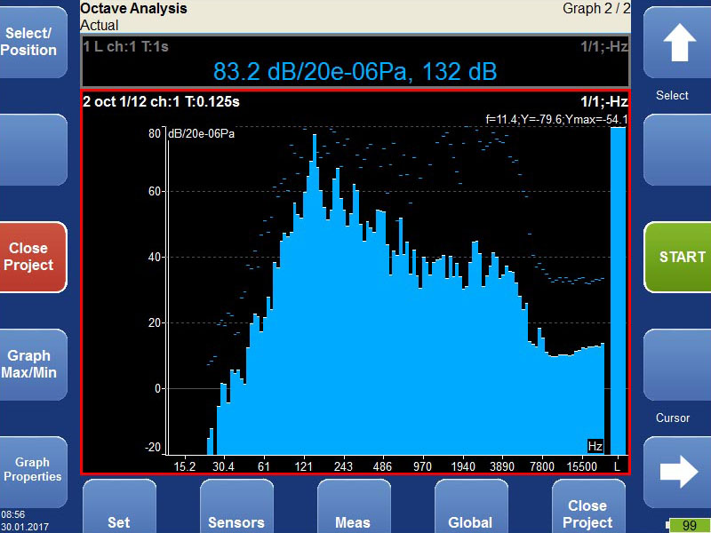 Vibration analyzer - octave analysis mode screen