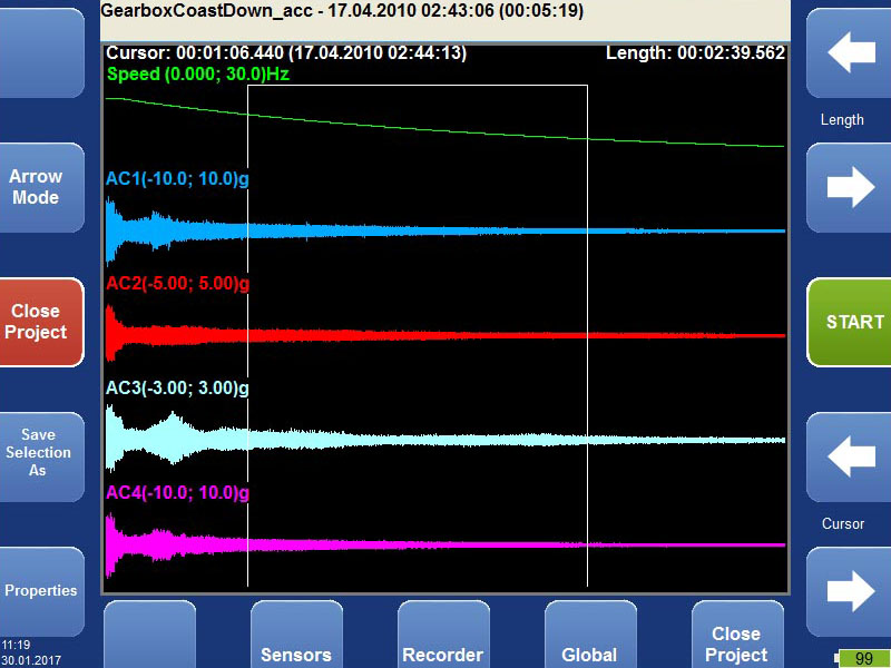 Vibration analyzer - recorder mode screen