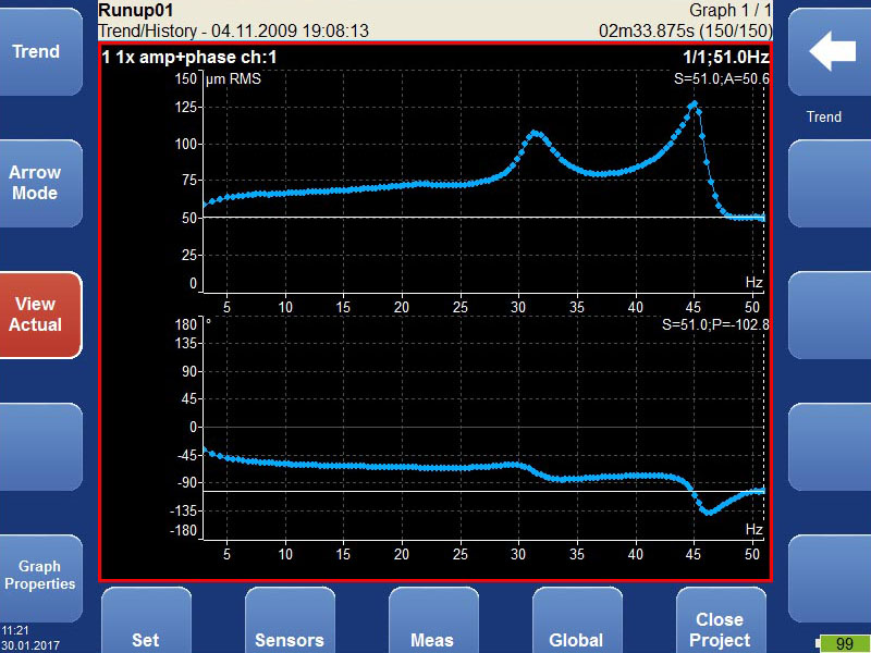 Vibration analyzer - run up mode screen